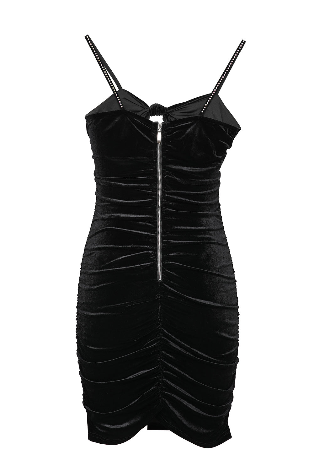 Rhinestone Spaghetti Strap Bow Knot Ruched Velvet Mini Dress