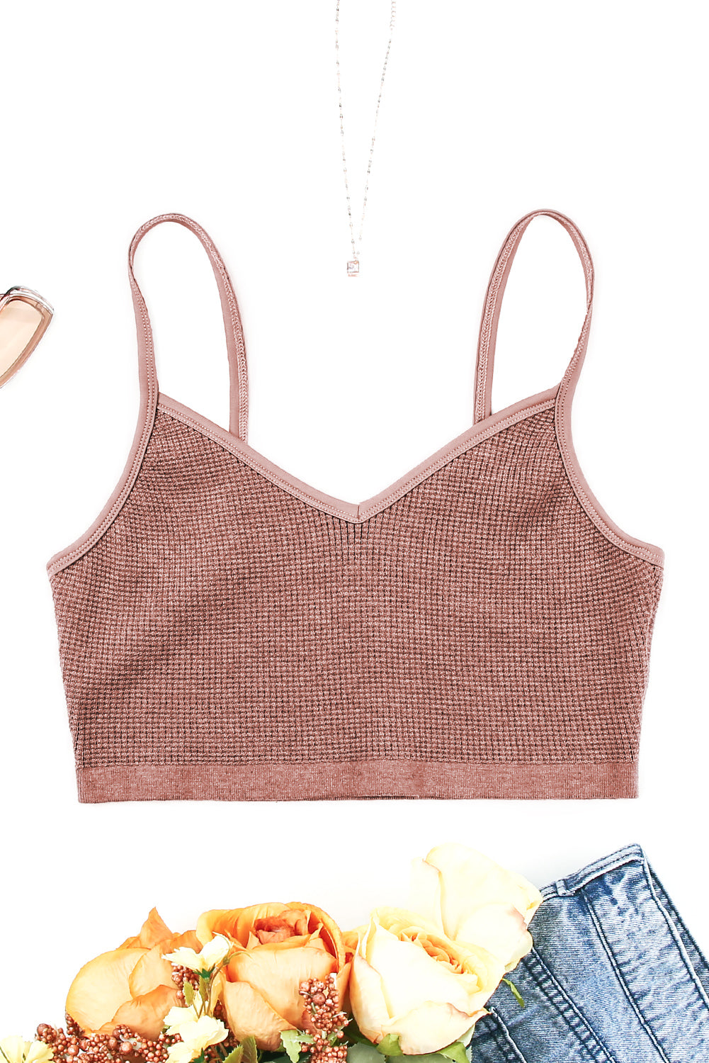 Brown Waffle Knit Skinny Fit Spaghetti Strap Crop Cami Top