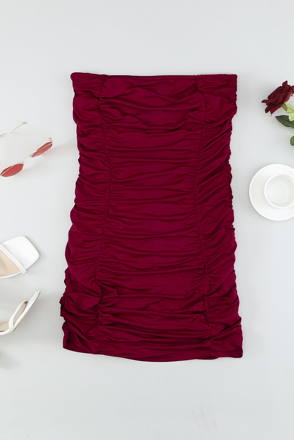 Burgundy Bandeau Ruched Bodycon Mini Dress