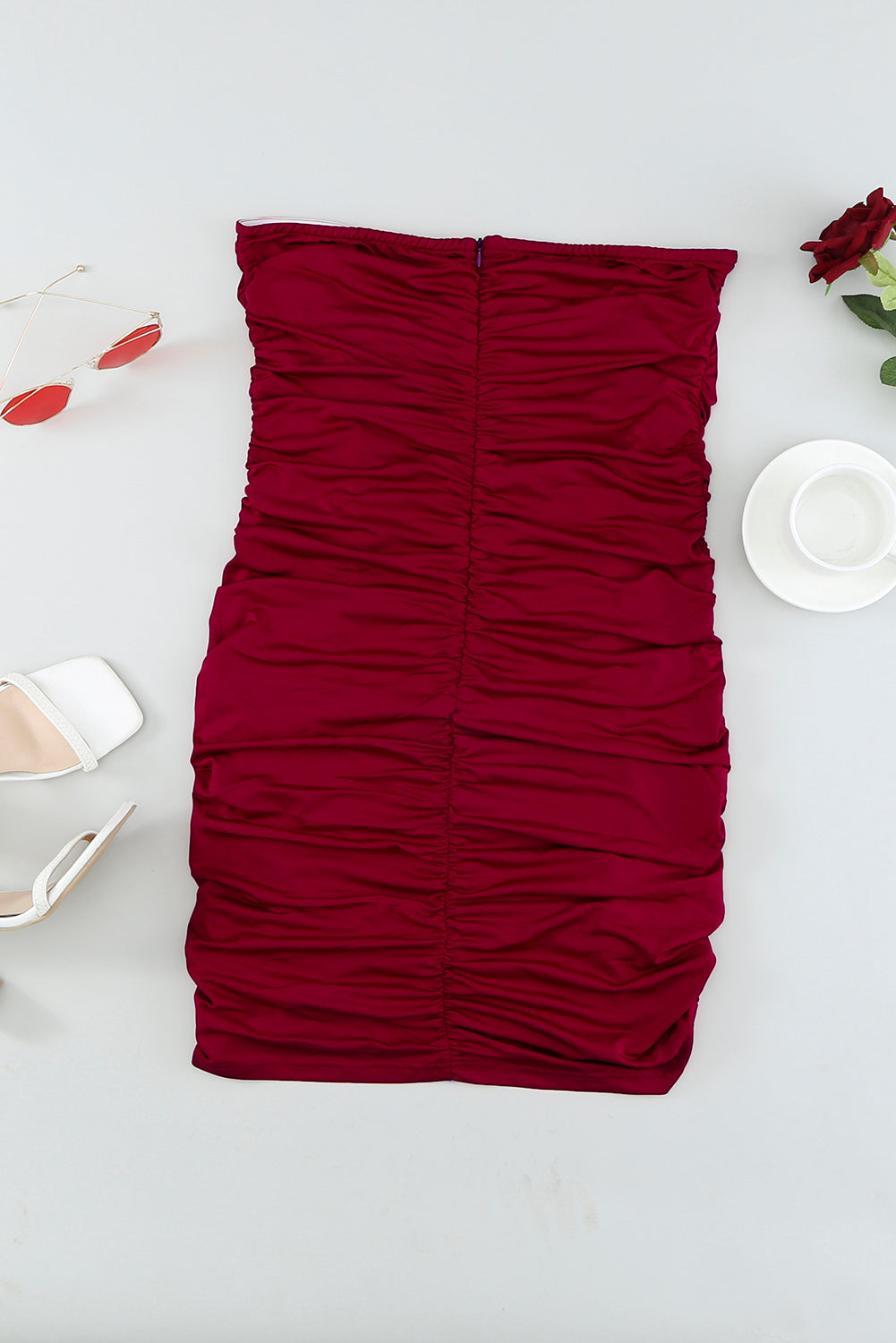 Burgundy Bandeau Ruched Bodycon Mini Dress