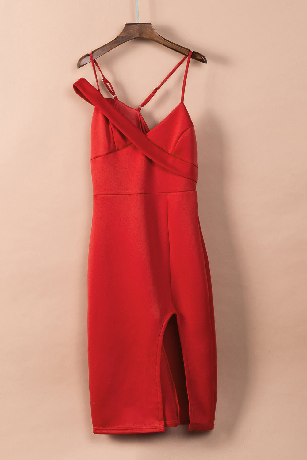 Red V Neck Split Spaghetti Strap Bodycon Dress