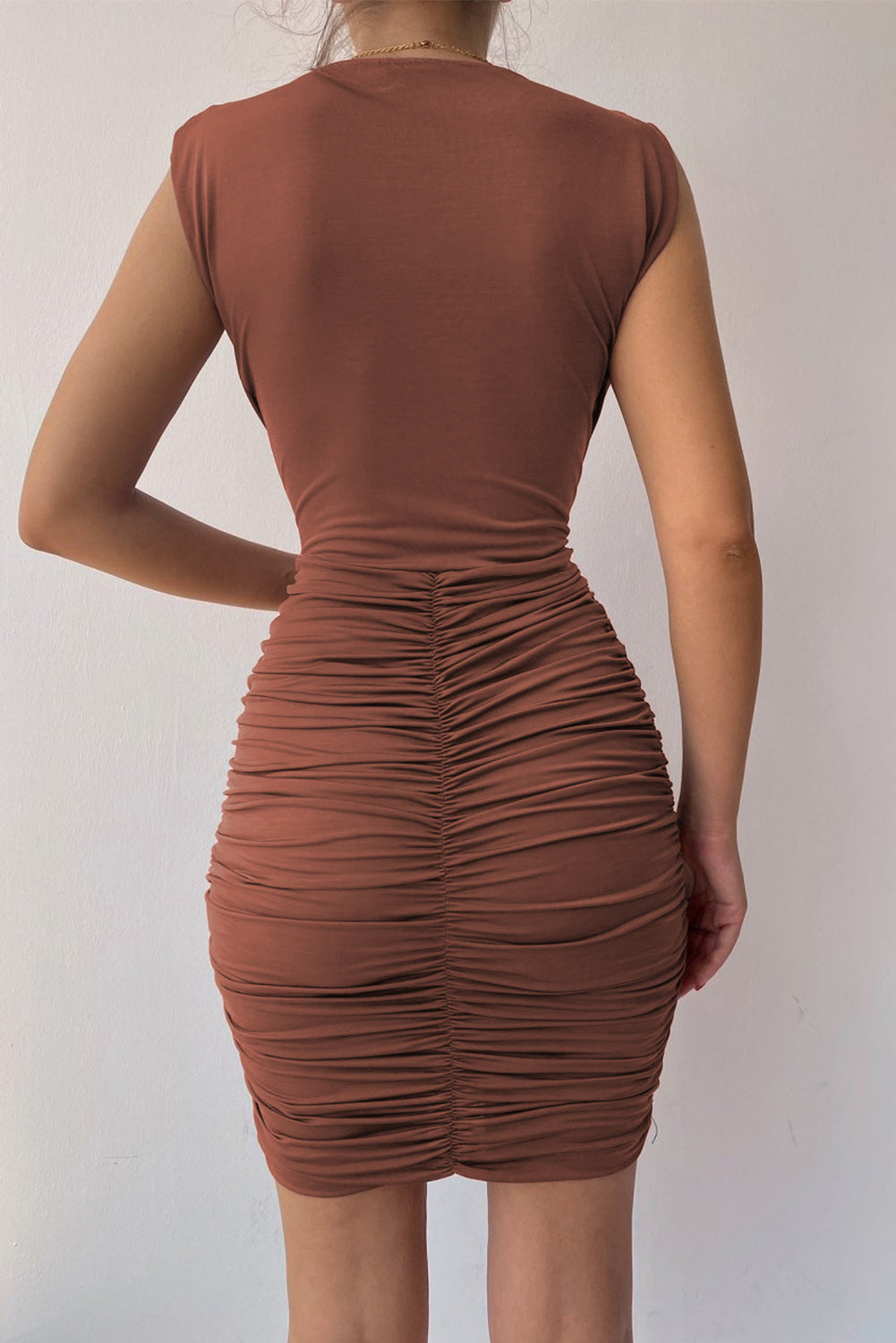 Brown Pleated Sleeveless Bodycon Dress