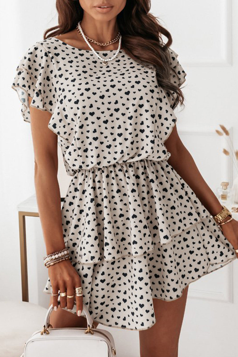 Valentine Heart Print Tiered Ruffled High Waist Mini Dress