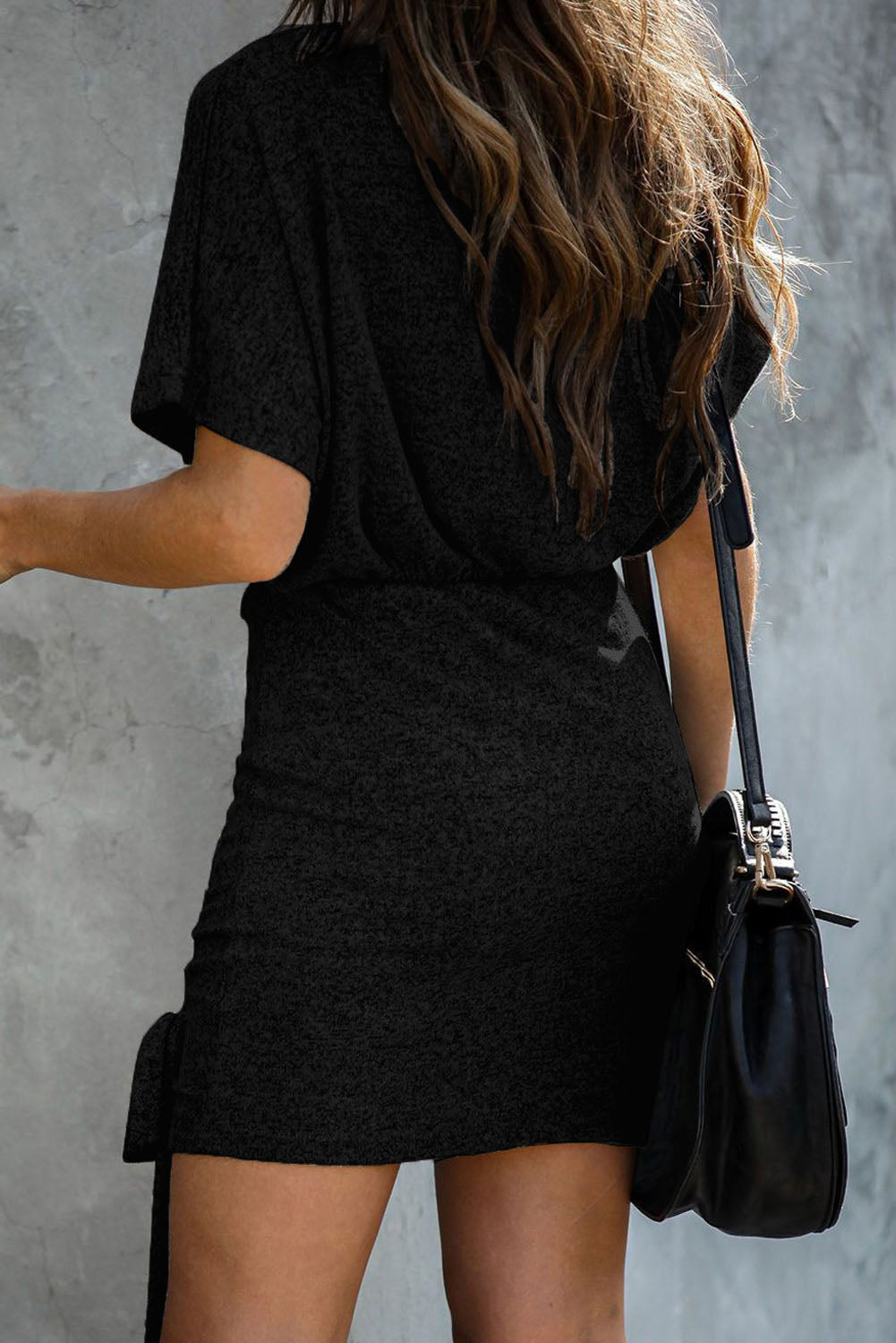 Black Casual Crew Neck Ruched Mini Dress