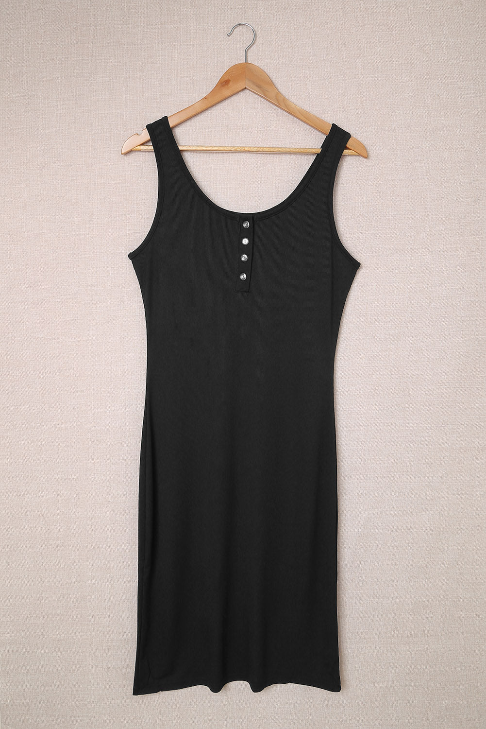 Black Sleeveless Buttons Ribbed Knit Bodycon Midi Dress