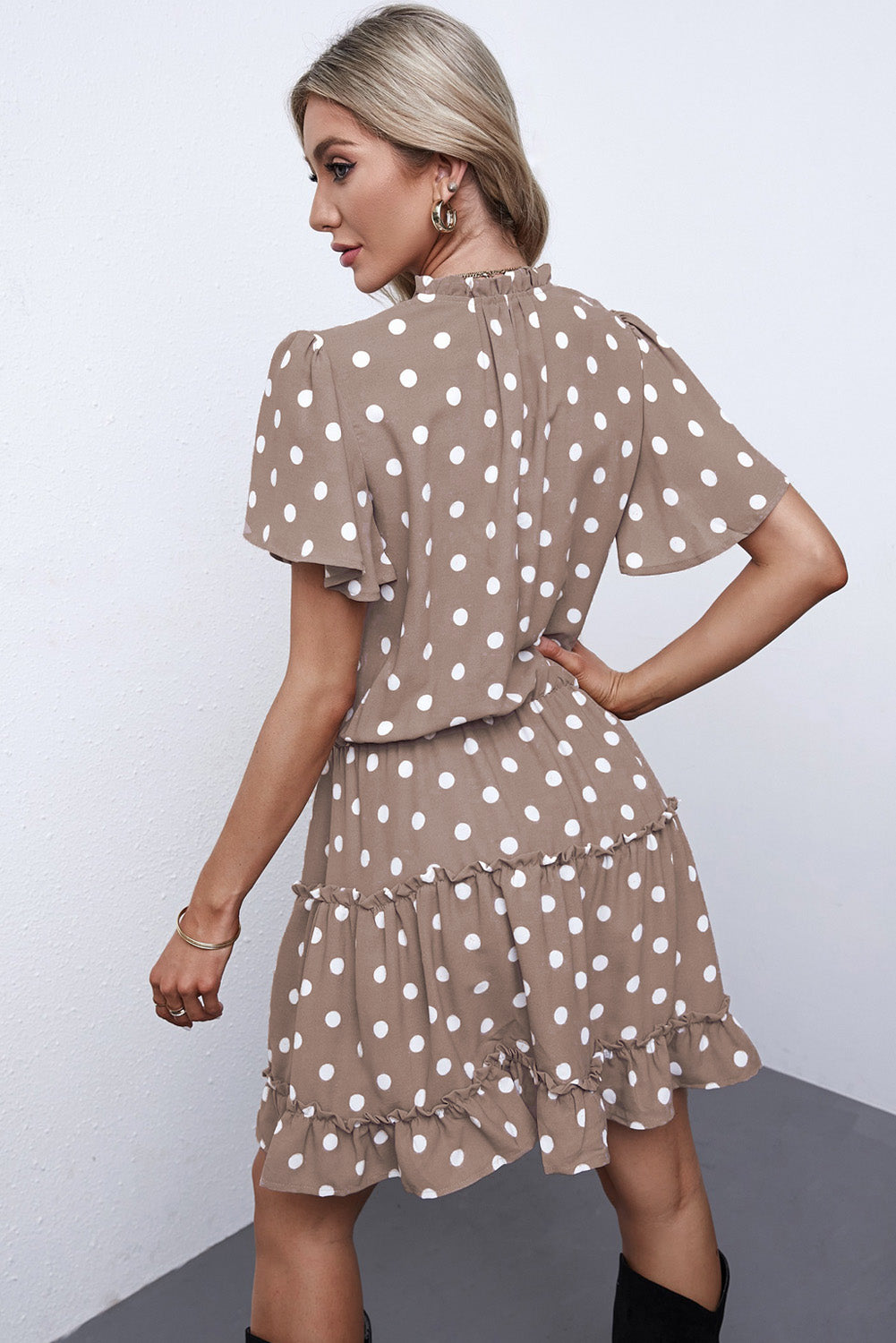 Khaki Dotted Print Split Neck Flutter Sleeve Flowy Tunic Mini Dress