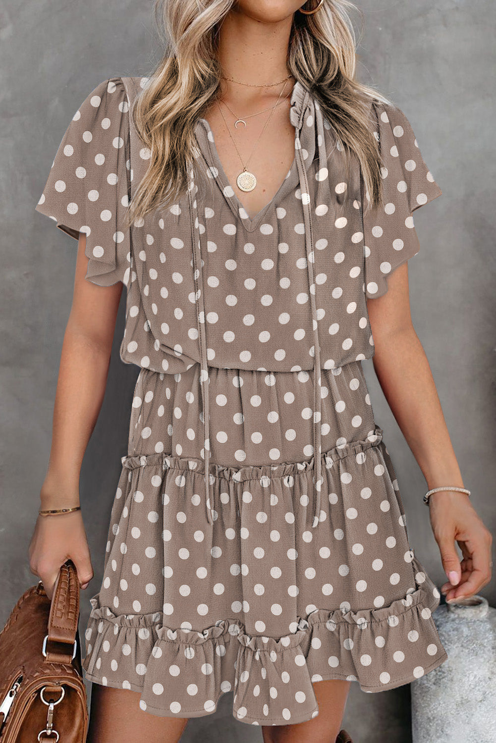 Khaki Dotted Print Split Neck Flutter Sleeve Flowy Tunic Mini Dress