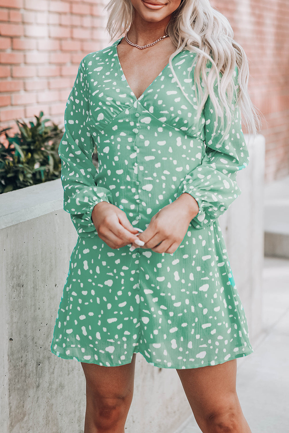 Green Polka Dot Print V Neck Mini Dress