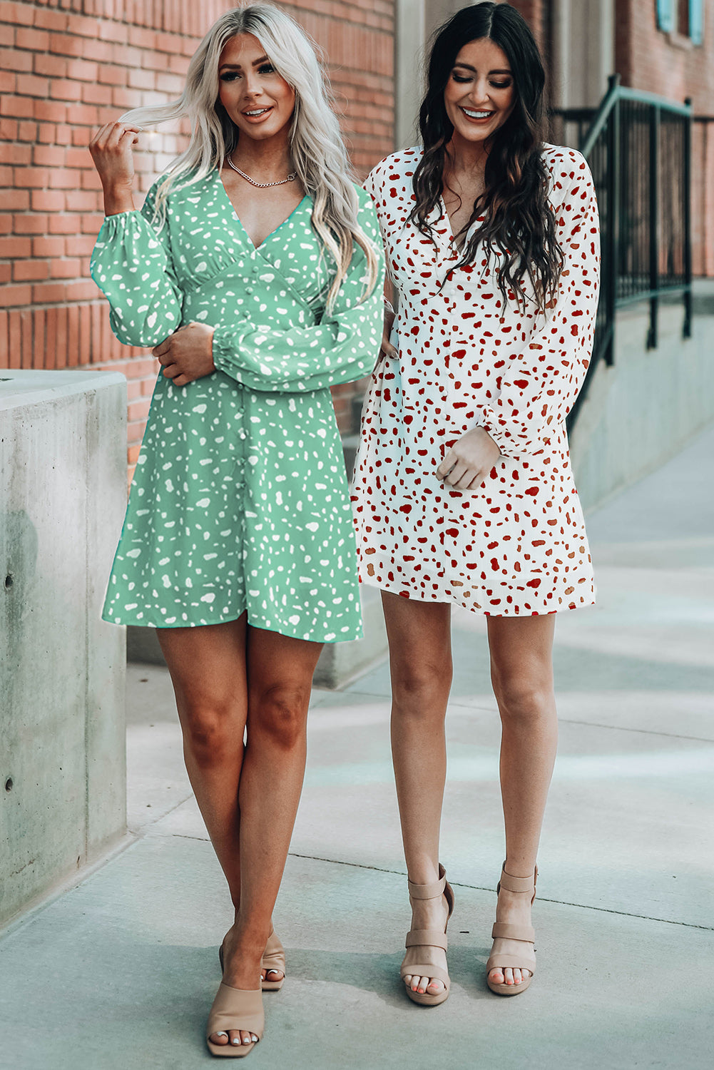 Green Polka Dot Print V Neck Mini Dress