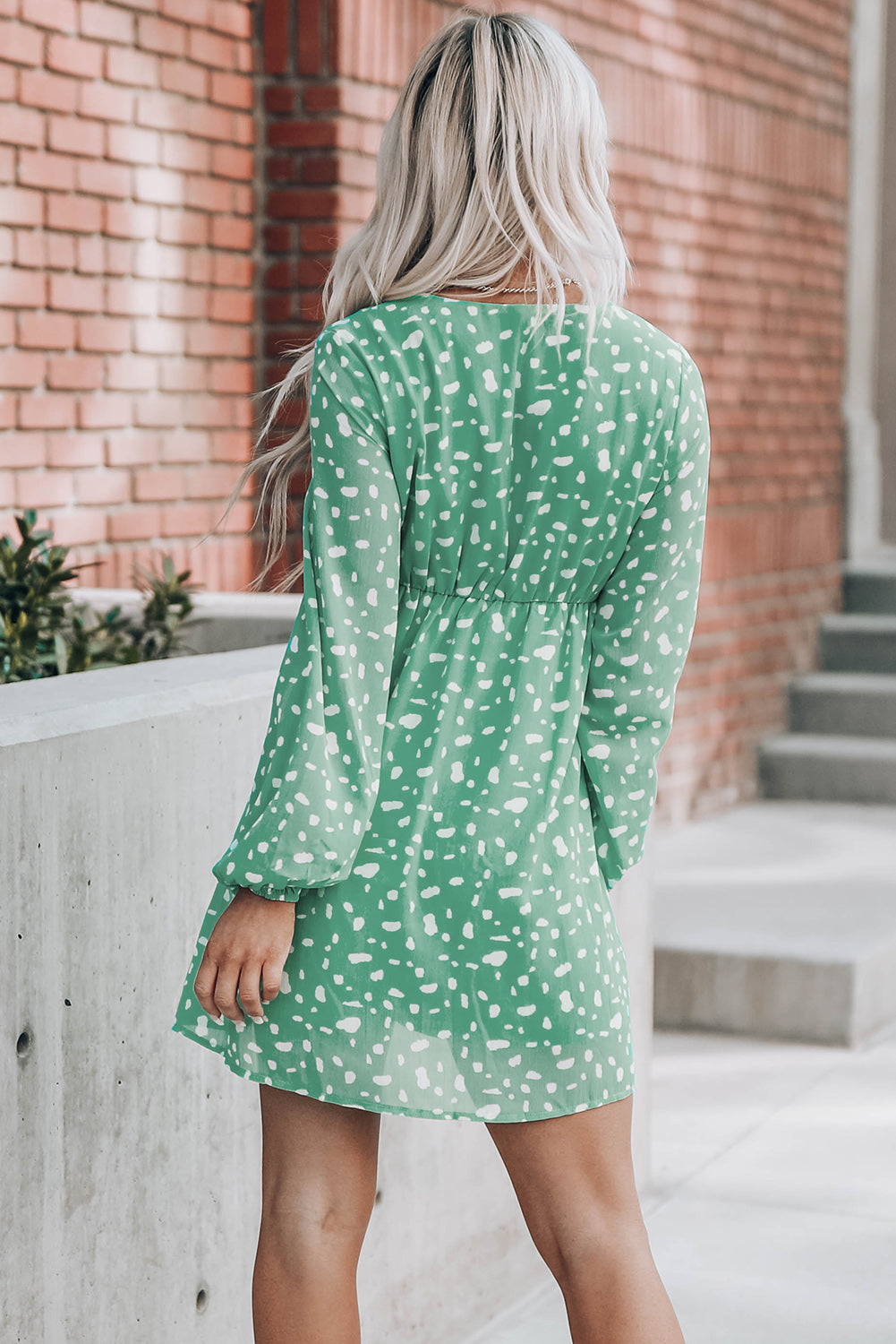 Green Polka Dot Print V Neck Mini Dress