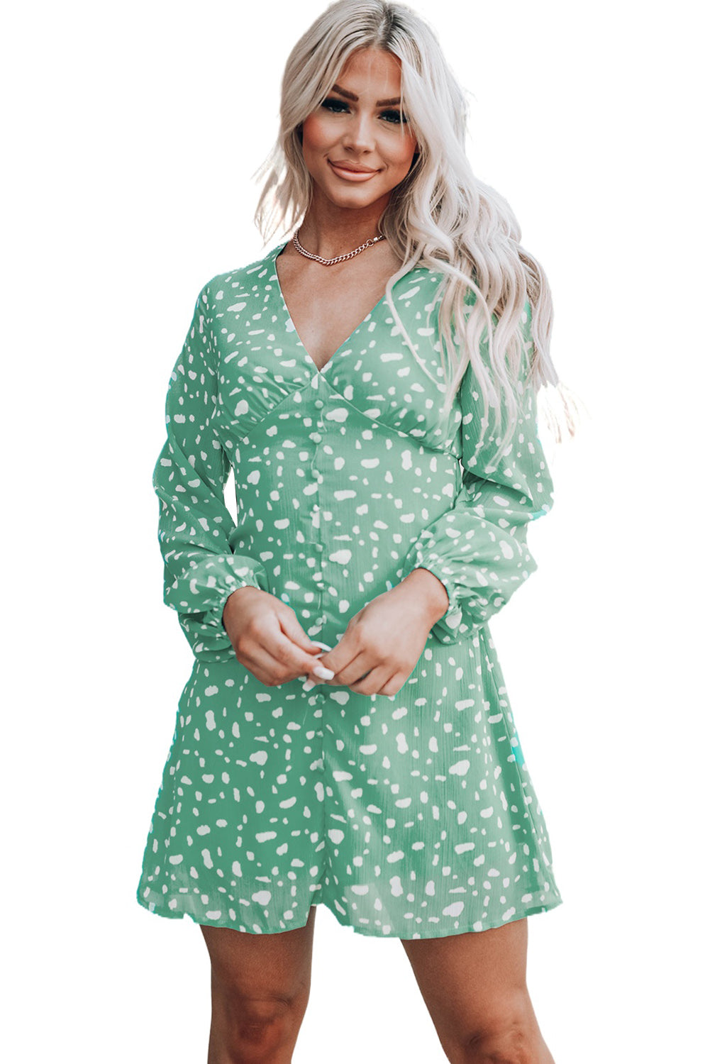 Green Polka Dot Print V Neck Mini Dress