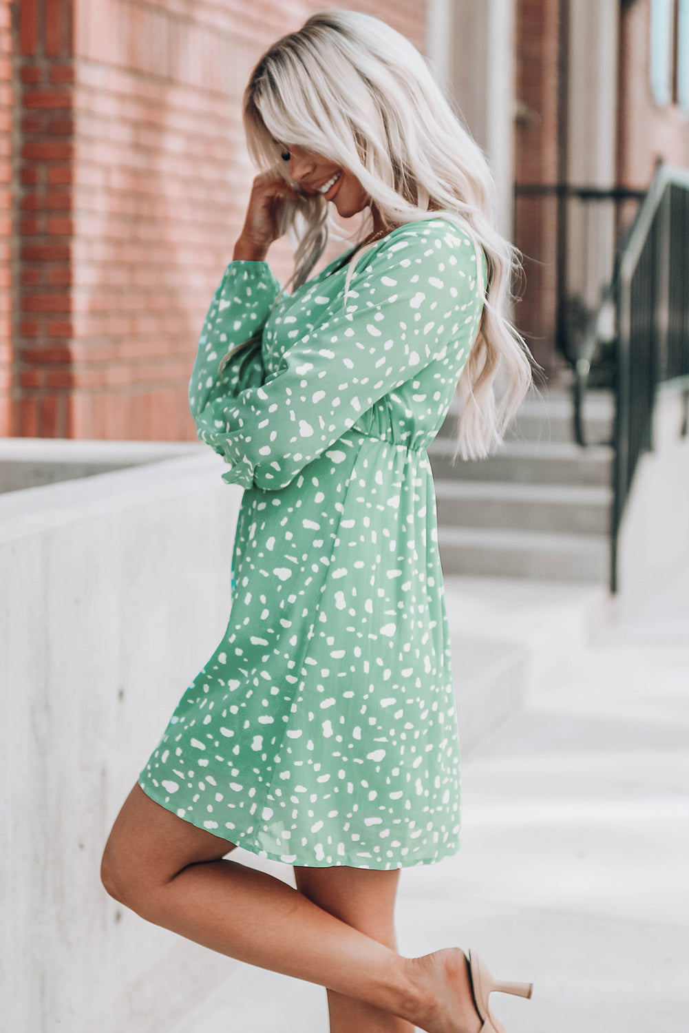 Green Polka Dot Print V Neck Mini Dress