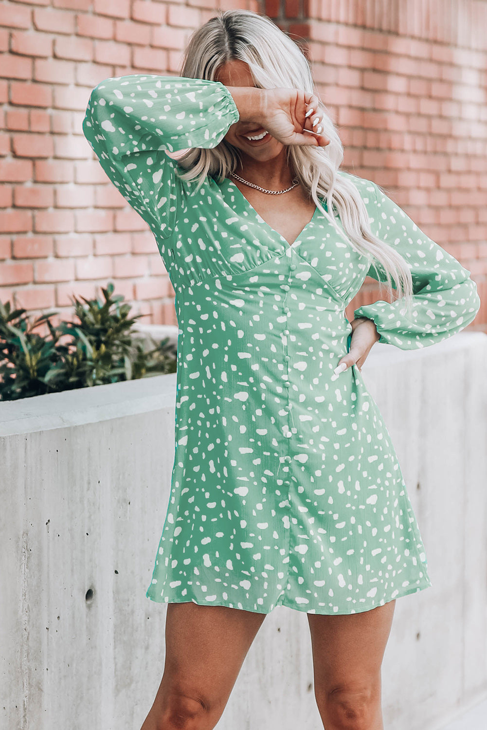 Green Polka Dot Print V Neck Mini Dress