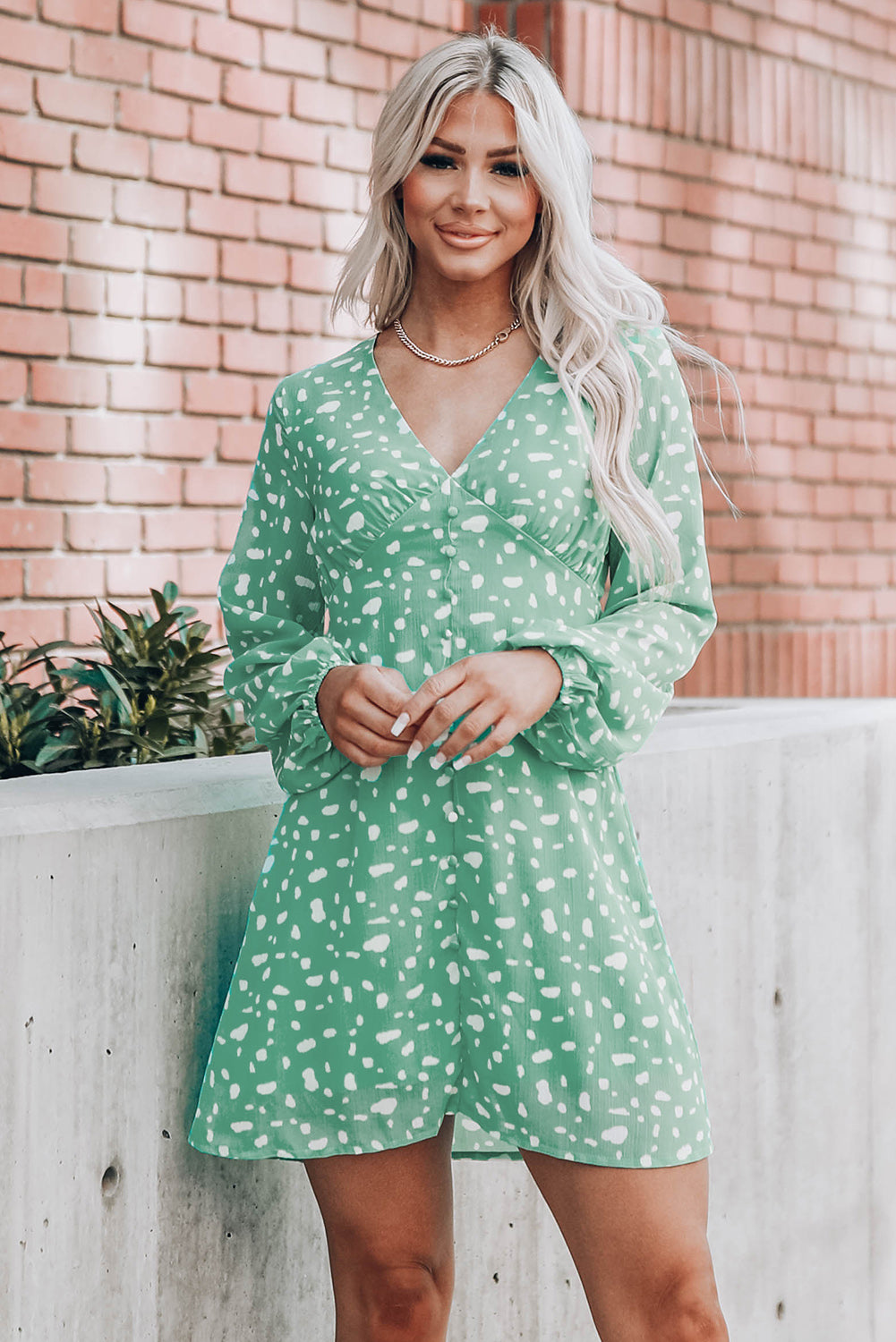 Green Polka Dot Print V Neck Mini Dress