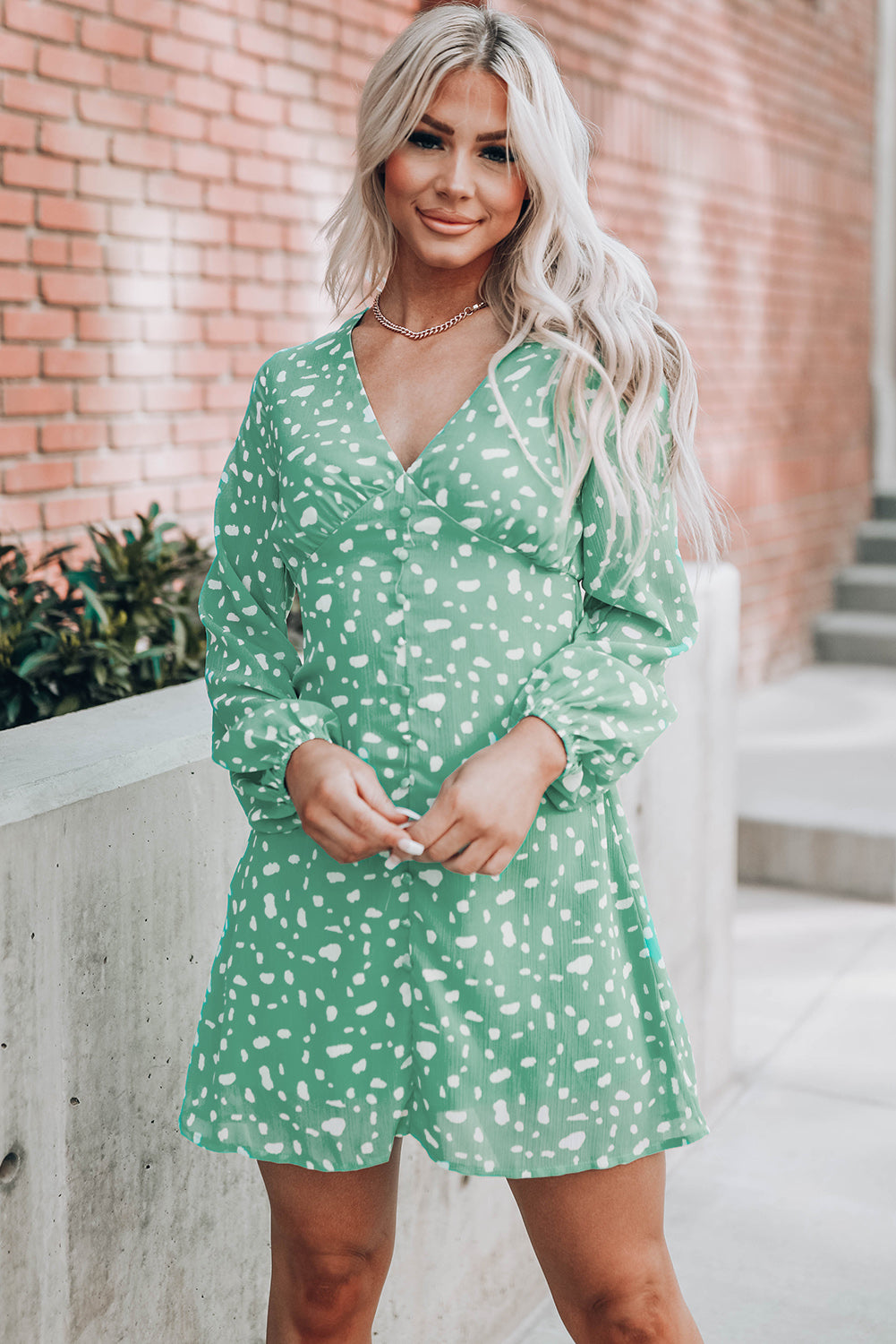 Green Polka Dot Print V Neck Mini Dress