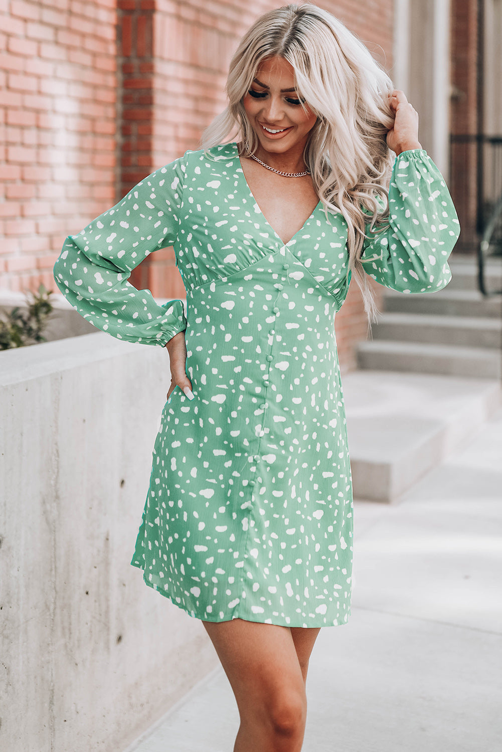 Green Polka Dot Print V Neck Mini Dress