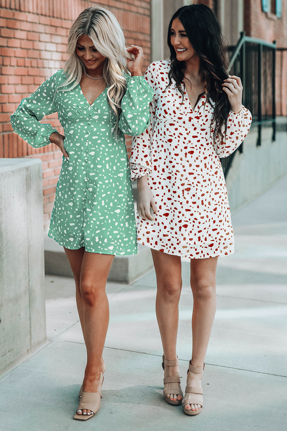 Green Polka Dot Print V Neck Mini Dress