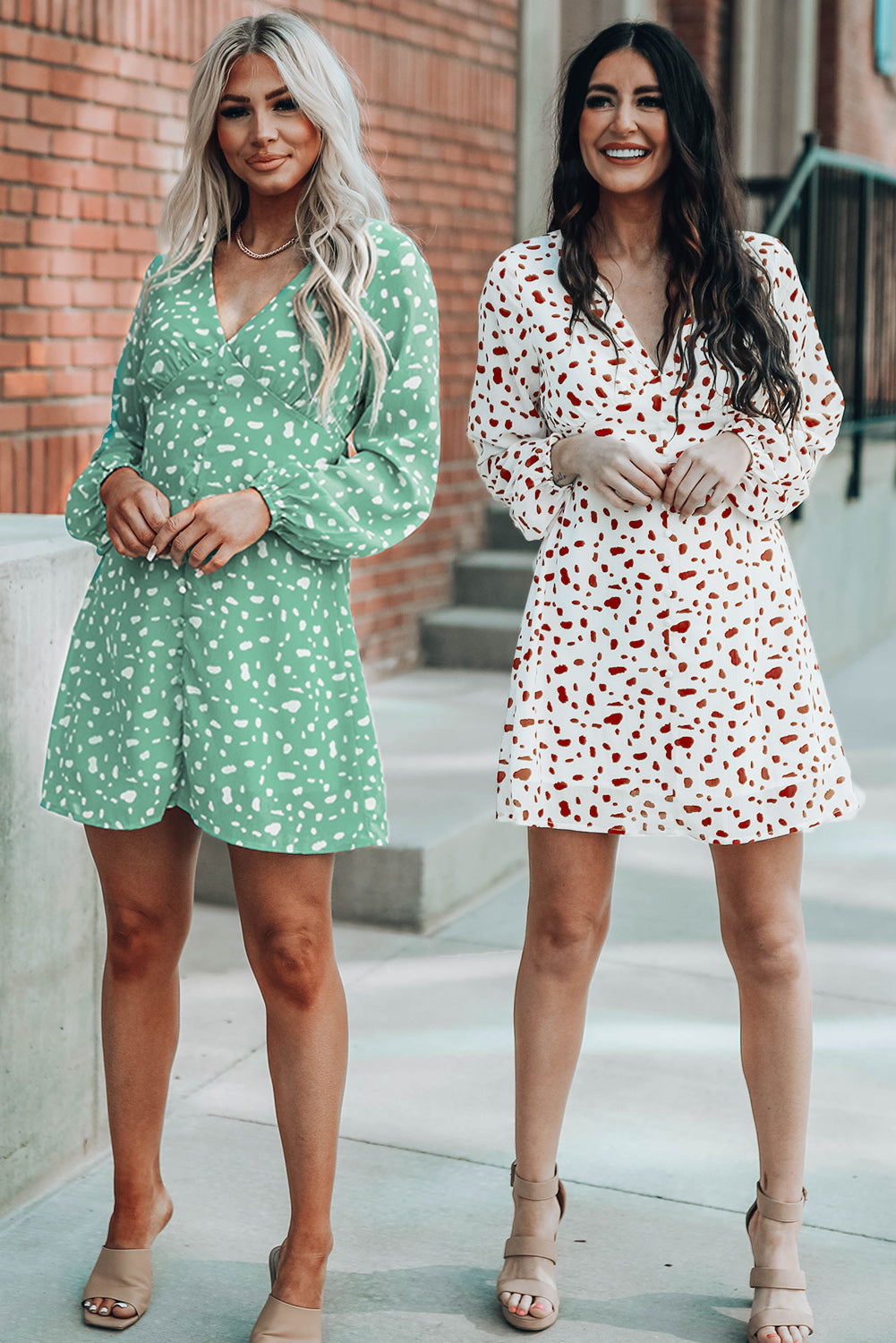 Green Polka Dot Print V Neck Mini Dress