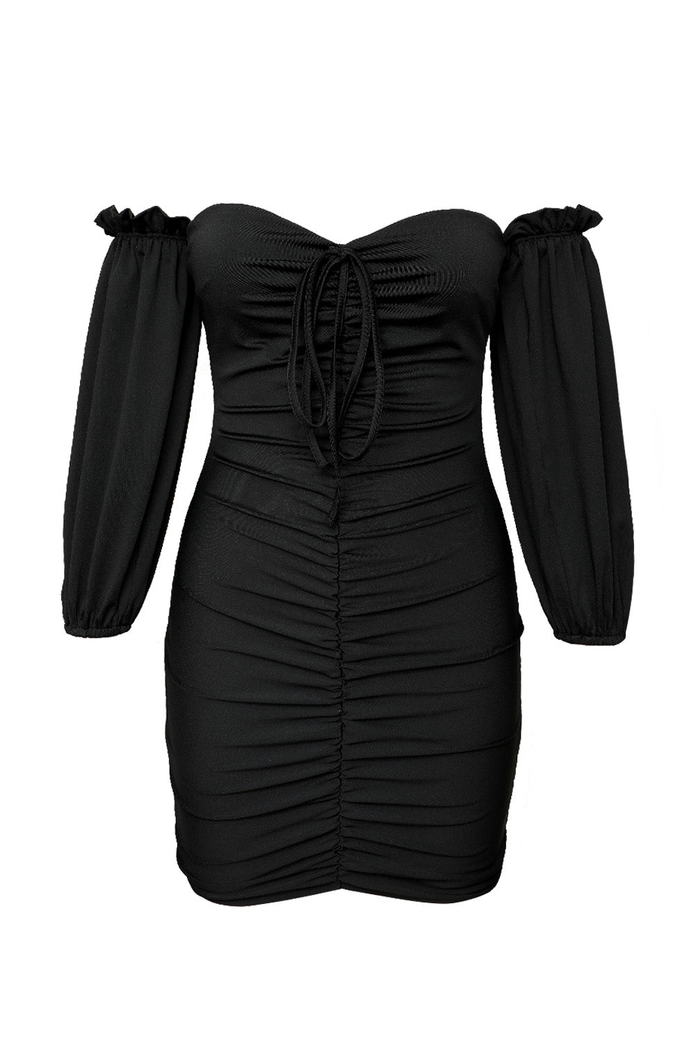 Black Off The Shoulder Bubble Sleeve Ruched Bodycon Mini Dress