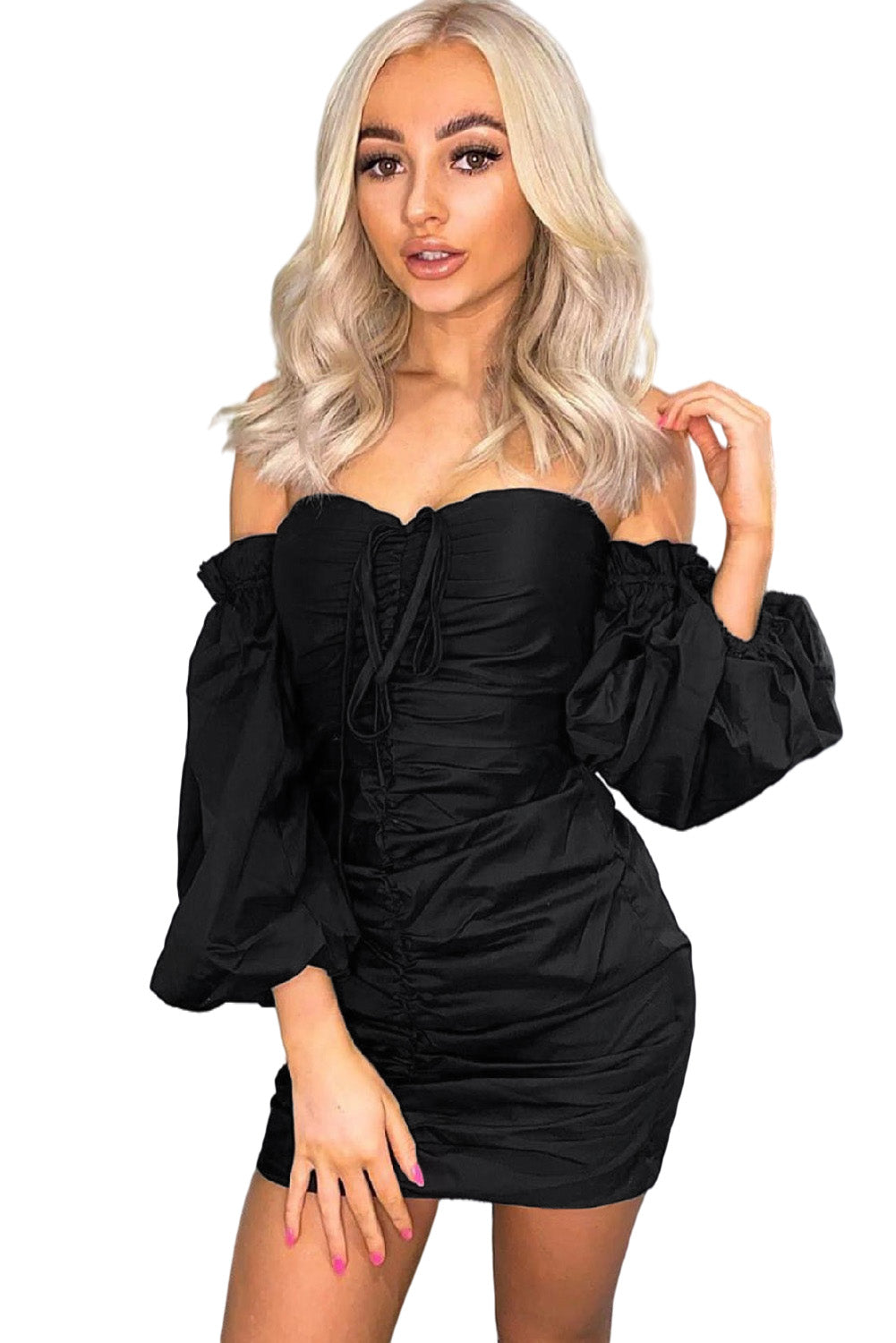 Black Off The Shoulder Bubble Sleeve Ruched Bodycon Mini Dress