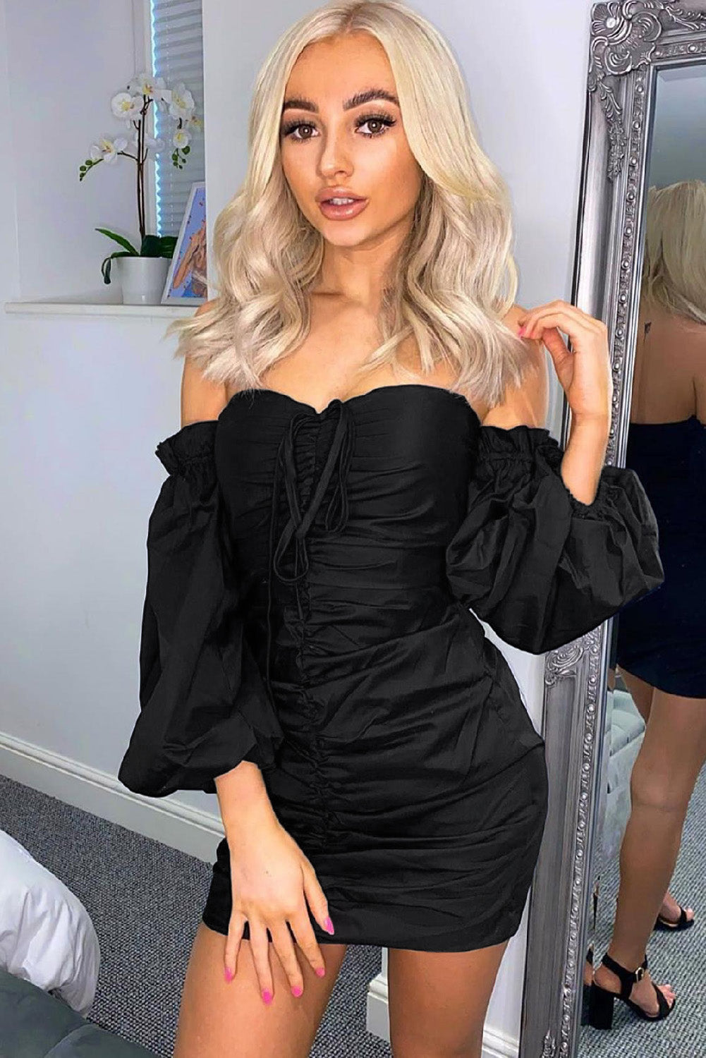 Black Off The Shoulder Bubble Sleeve Ruched Bodycon Mini Dress