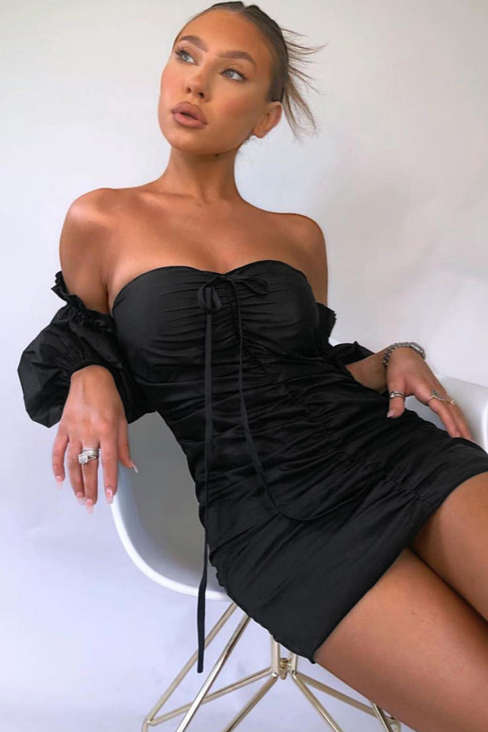 Black Off The Shoulder Bubble Sleeve Ruched Bodycon Mini Dress