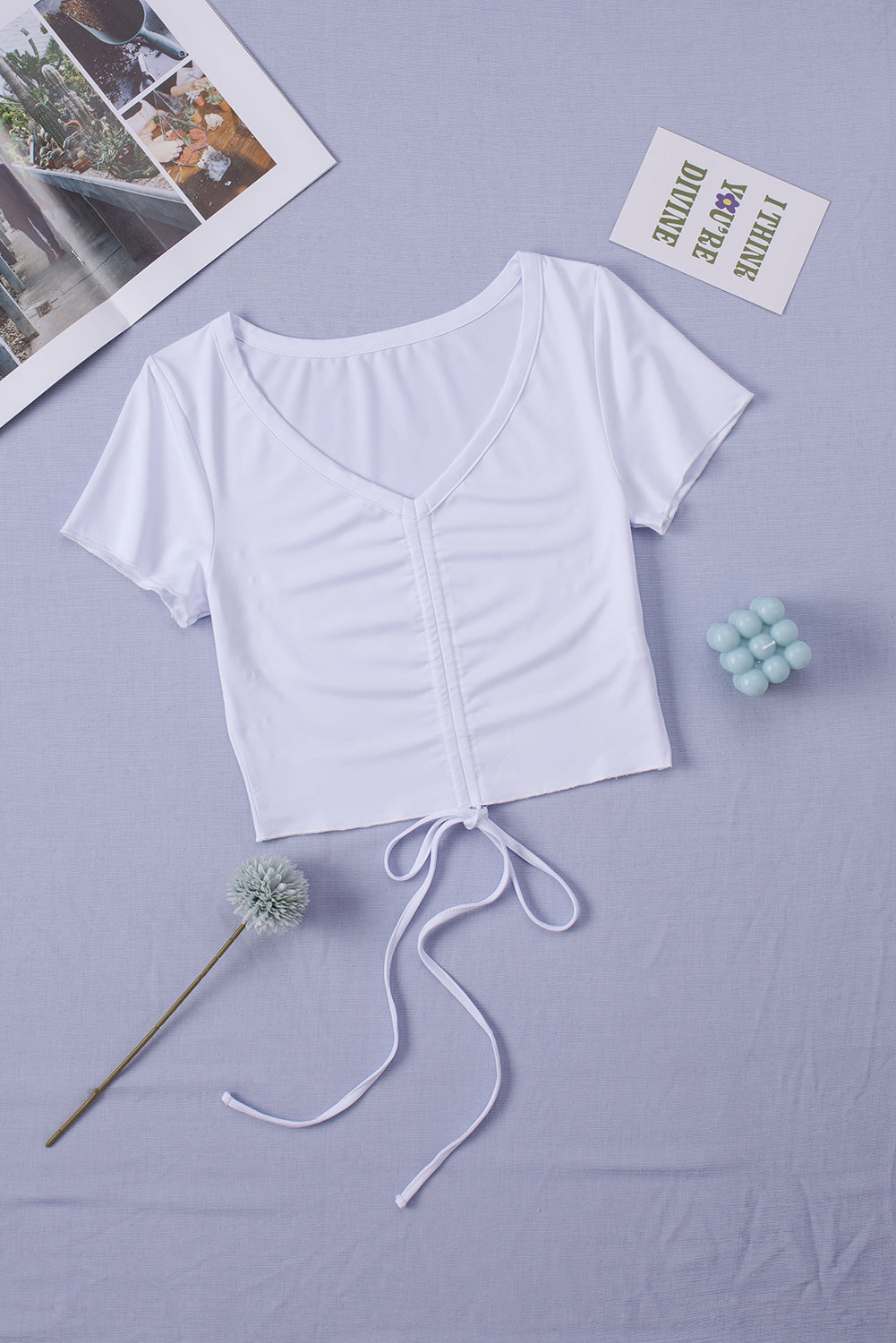 White Drawstring Ruched Short Sleeve Crop Top