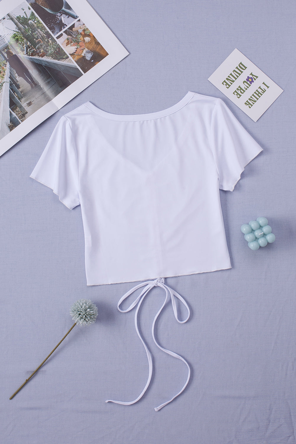 White Drawstring Ruched Short Sleeve Crop Top