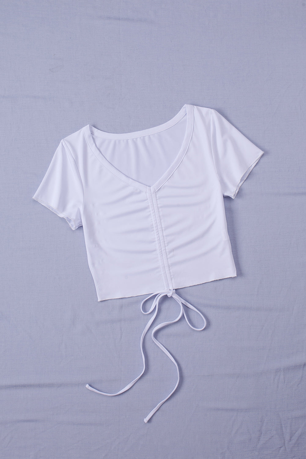 White Drawstring Ruched Short Sleeve Crop Top