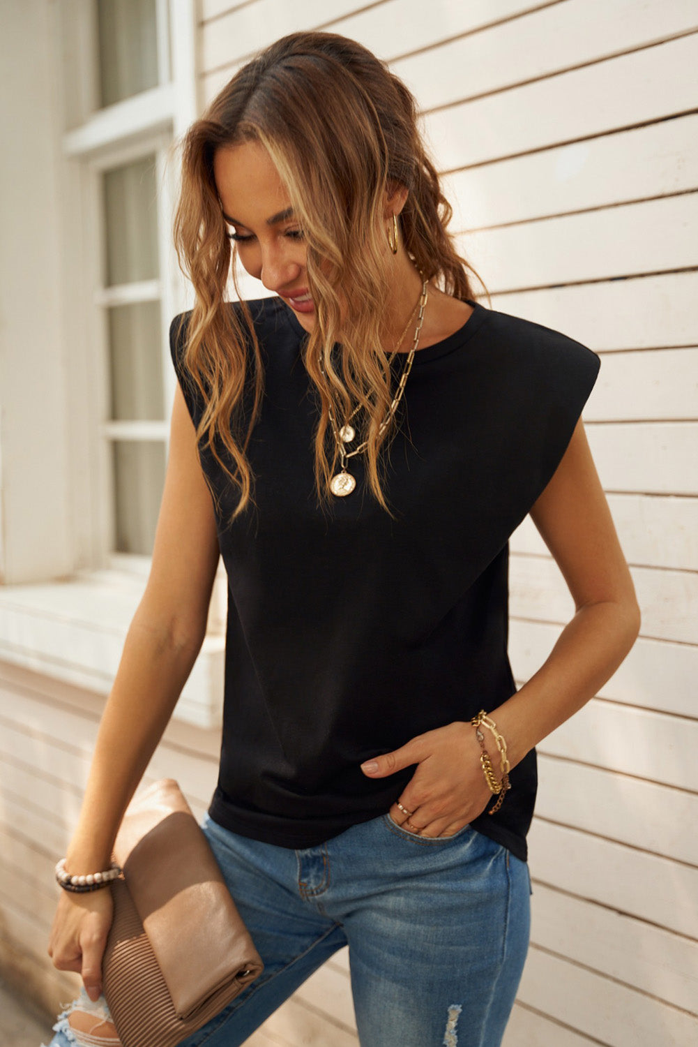 Black Cotton Blend Round Neck Tee