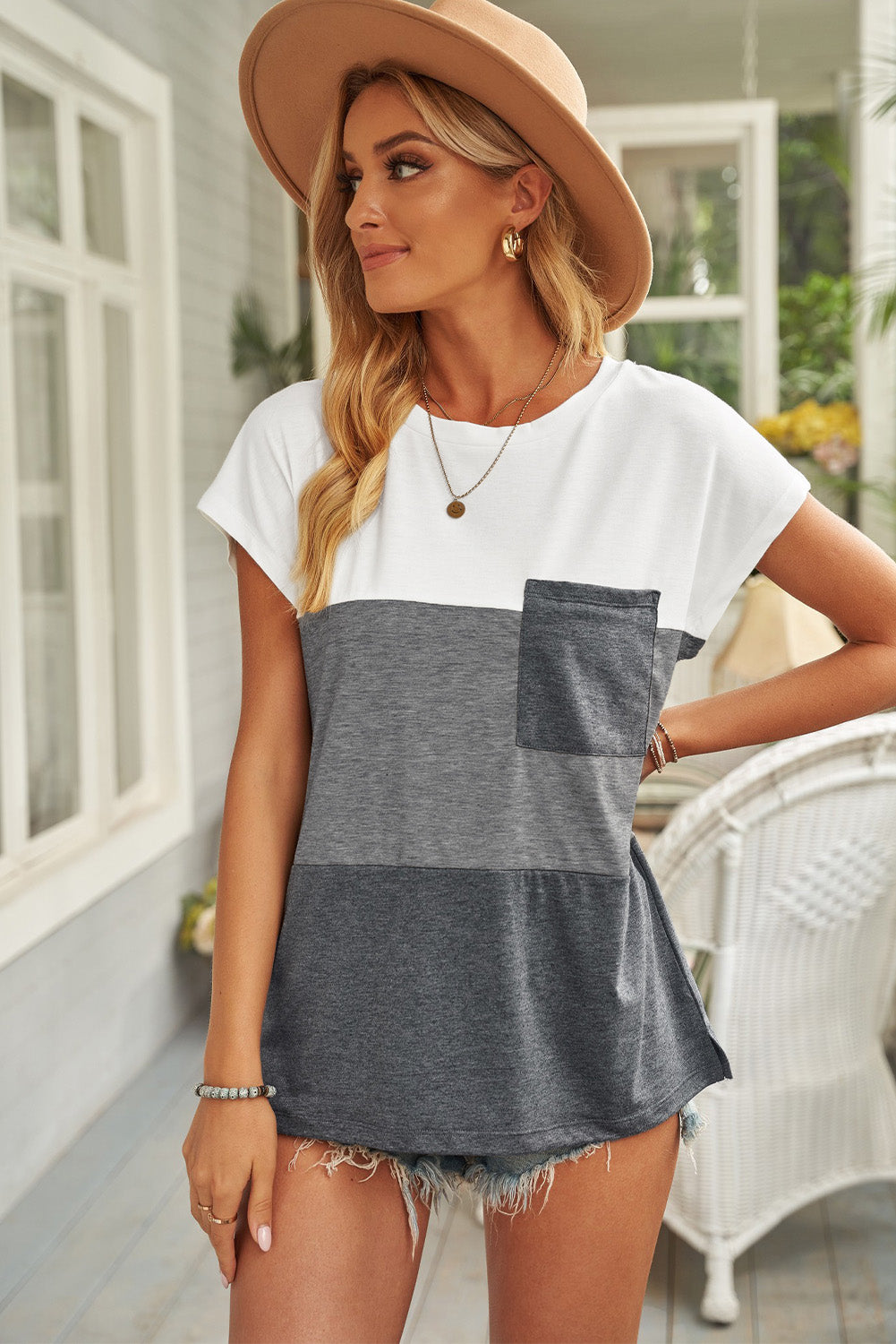 Gray Colorblock Pocketed Cap Sleeve Top