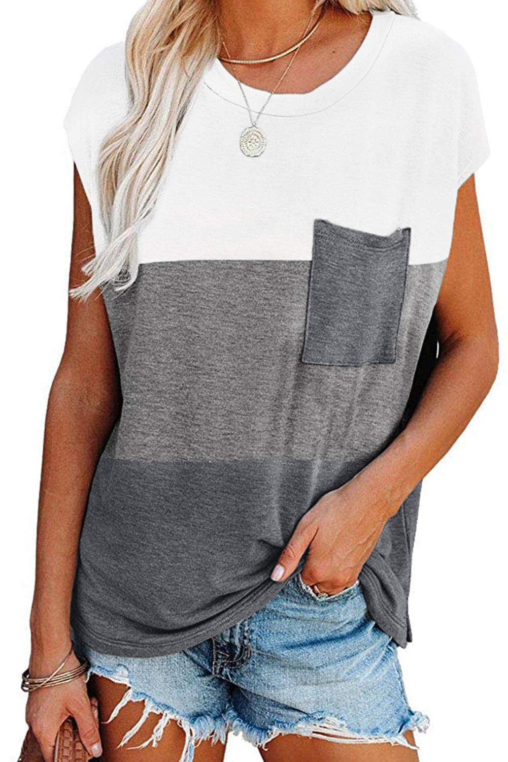 Gray Colorblock Pocketed Cap Sleeve Top