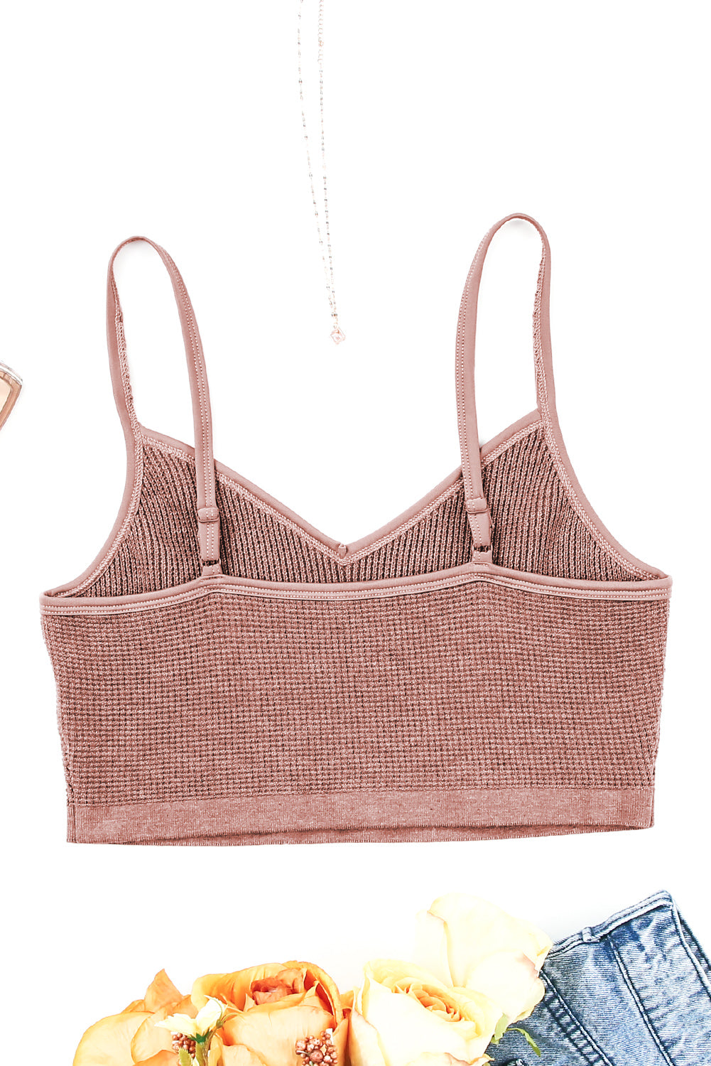 Brown Waffle Knit Skinny Fit Spaghetti Strap Crop Cami Top