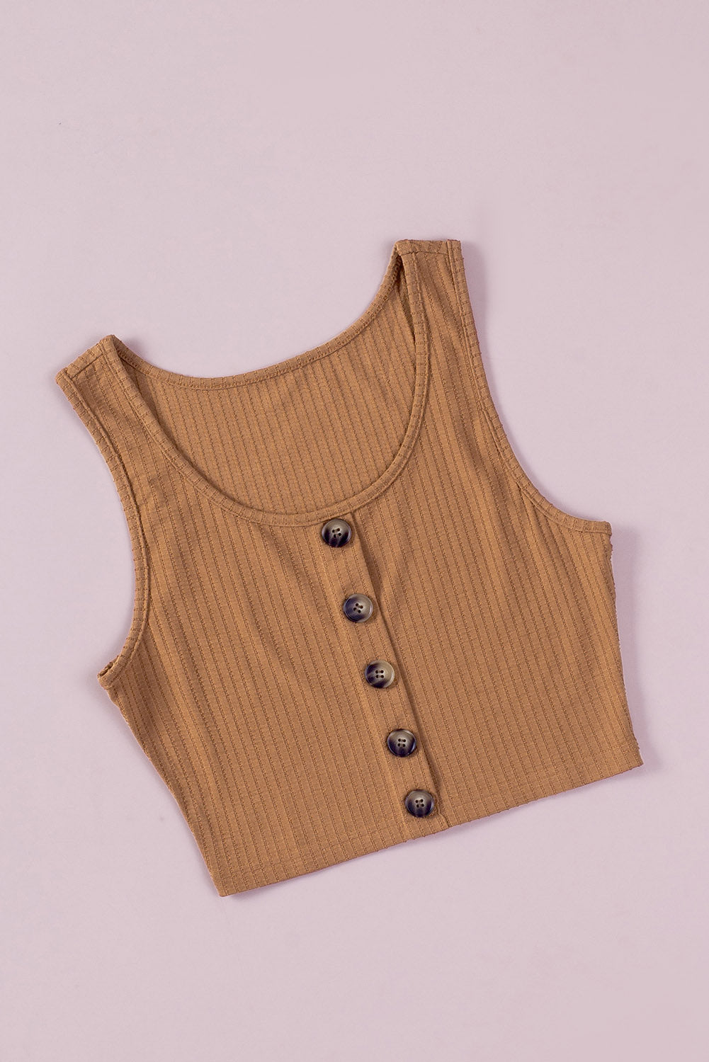 Brown Buttons Front Rib-knit Tank Crop Top