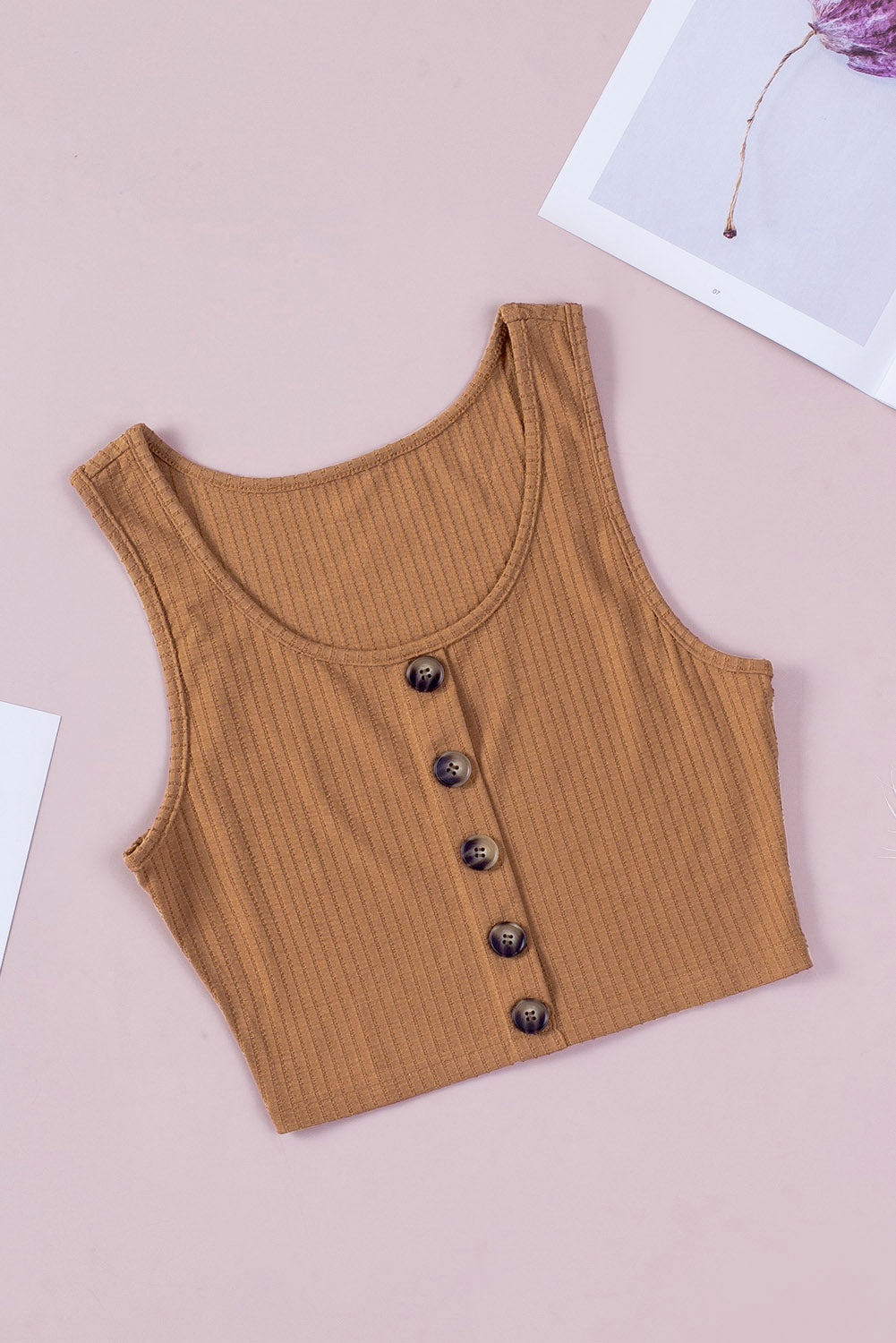 Brown Buttons Front Rib-knit Tank Crop Top