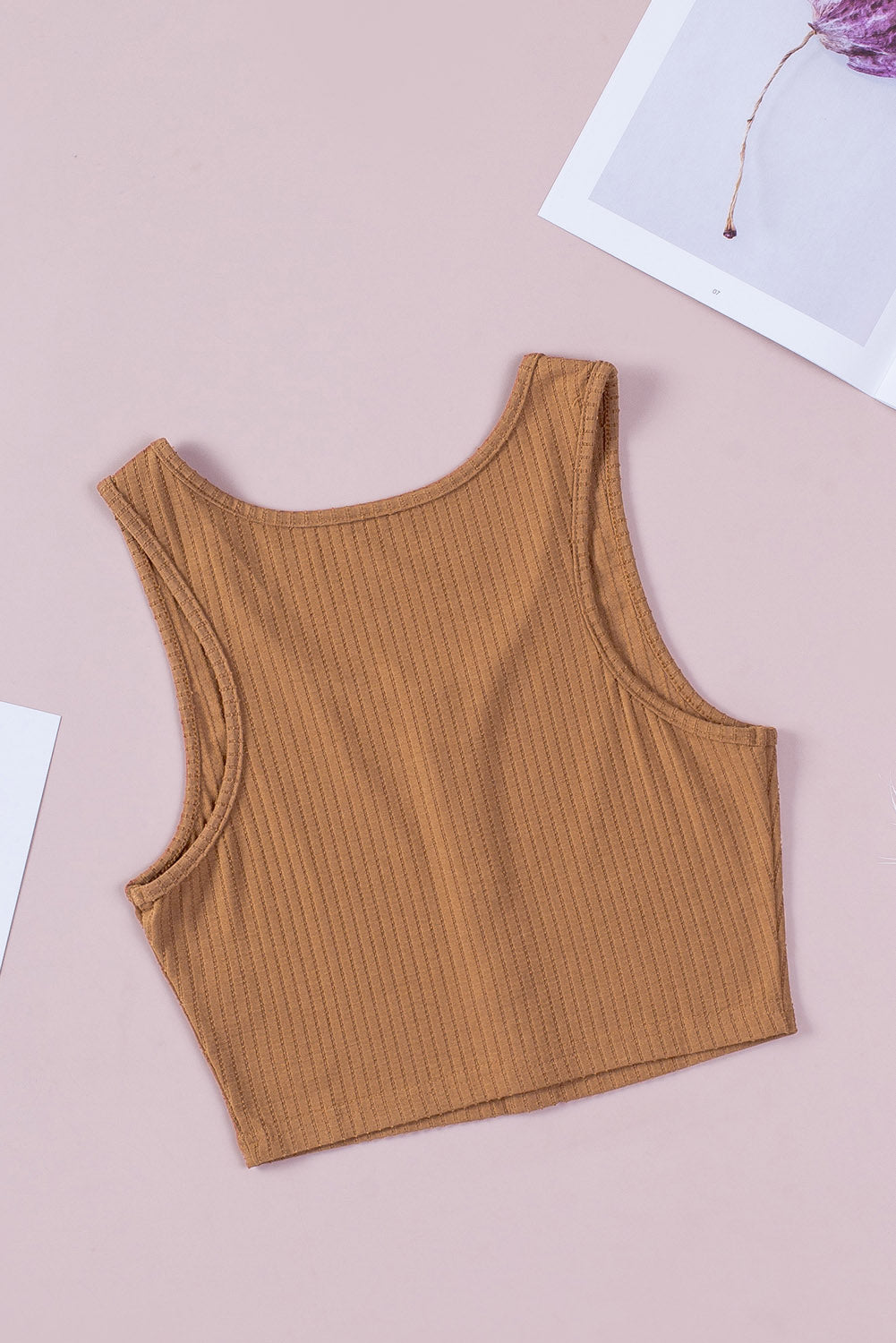 Brown Buttons Front Rib-knit Tank Crop Top