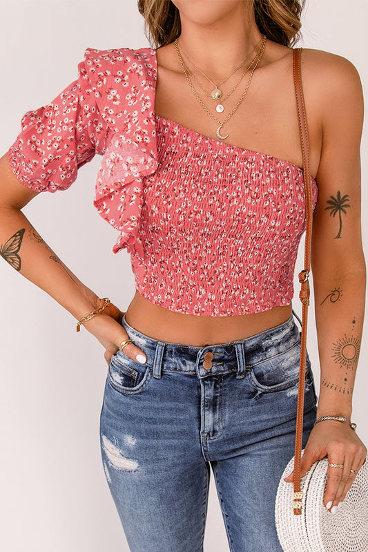 Pink Floral Print Shirred Ruffled One Shoulder Crop Top