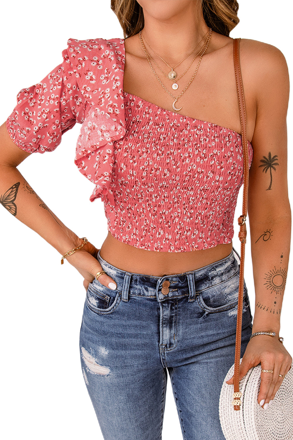 Pink Floral Print Shirred Ruffled One Shoulder Crop Top