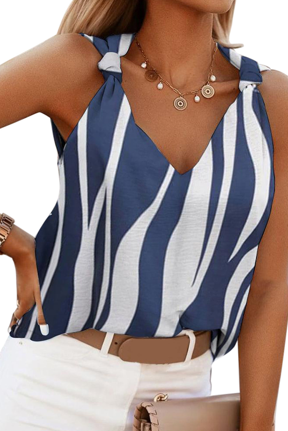 Blue Abstract Striped V Neck Knotted Straps Tank Top