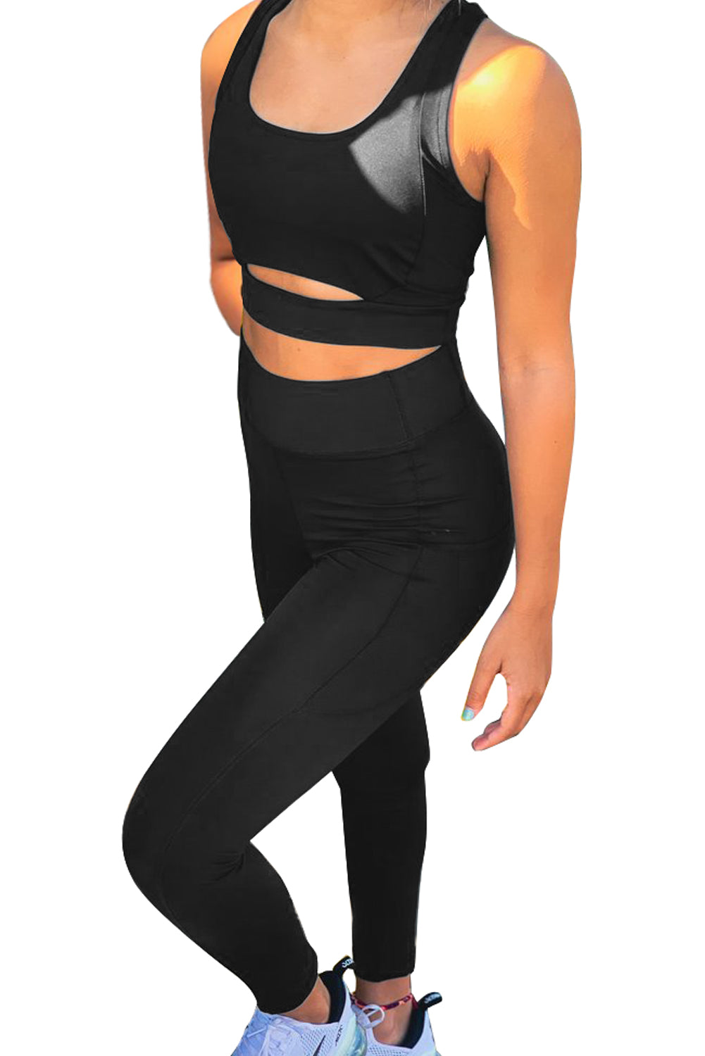 Black Two-piece Cut out Bra (Top) and Leggings Sports Wear