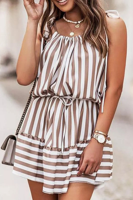 Brown Striped Spaghetti Straps Mini Dress with Tie