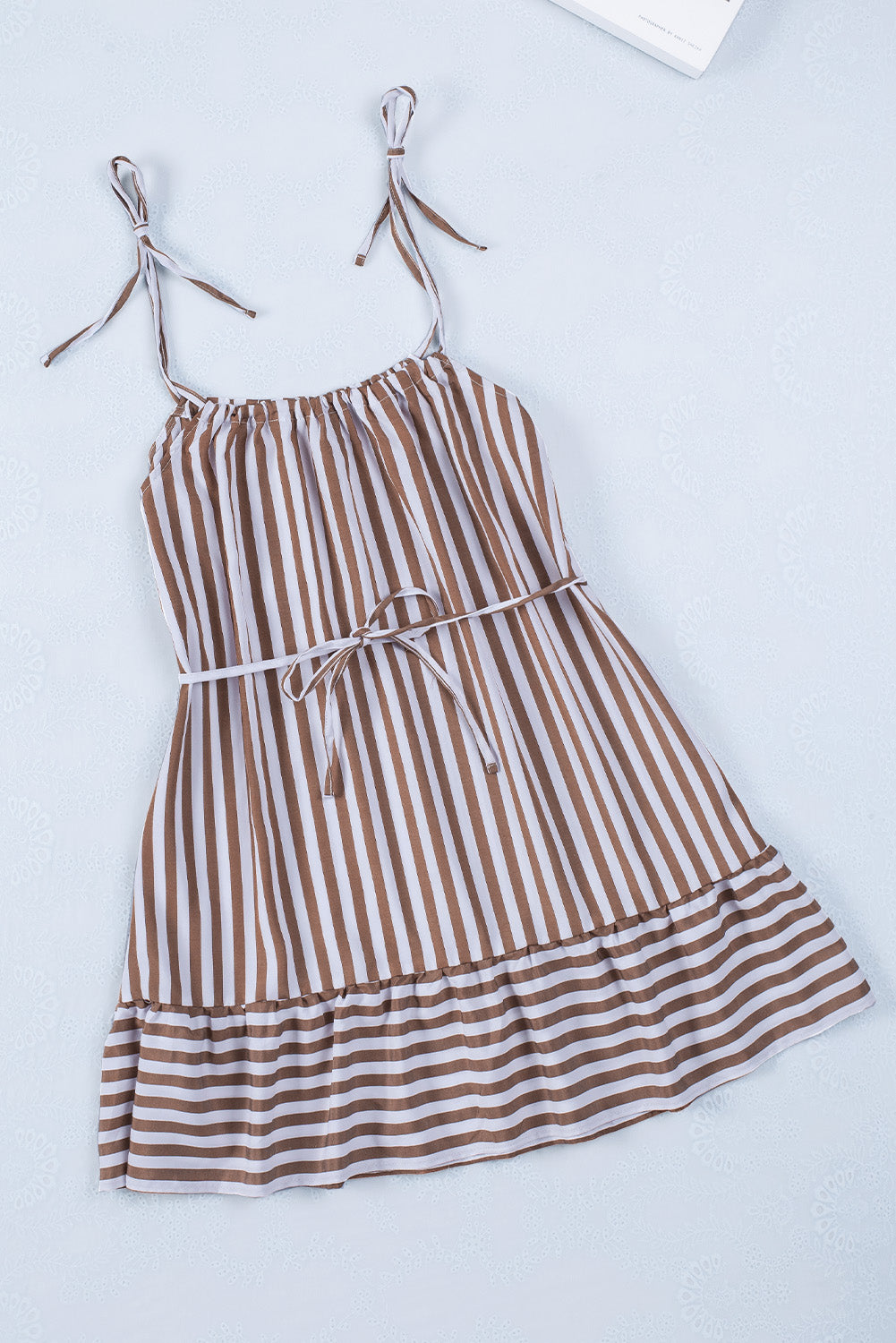 Brown Striped Spaghetti Straps Mini Dress with Tie