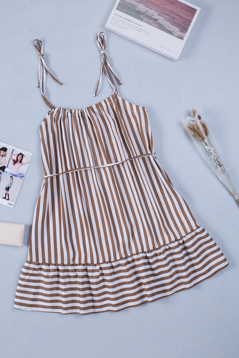 Brown Striped Spaghetti Straps Mini Dress with Tie