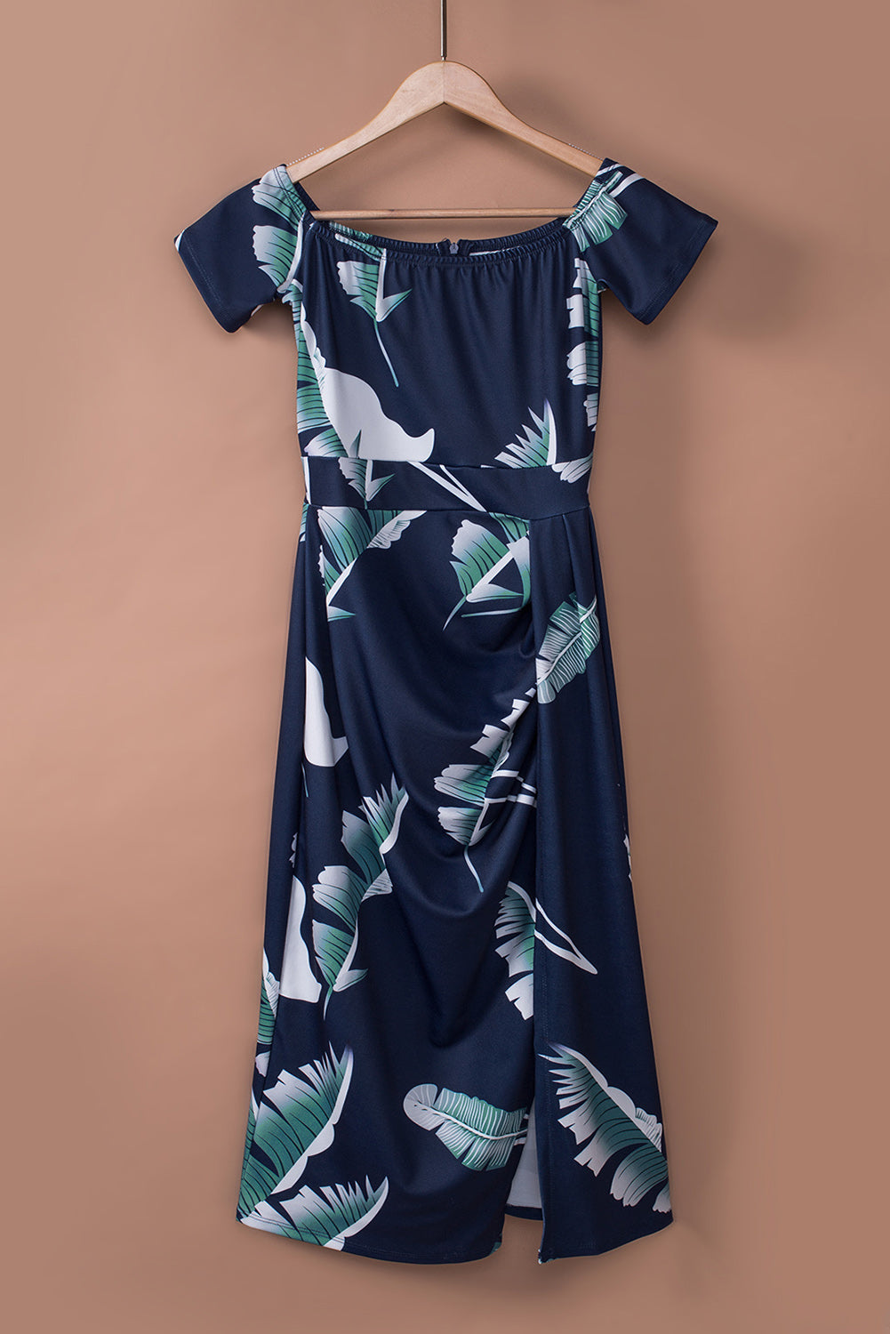 Dark Blue Floral Print Short Sleeve Off Shoulder Dress