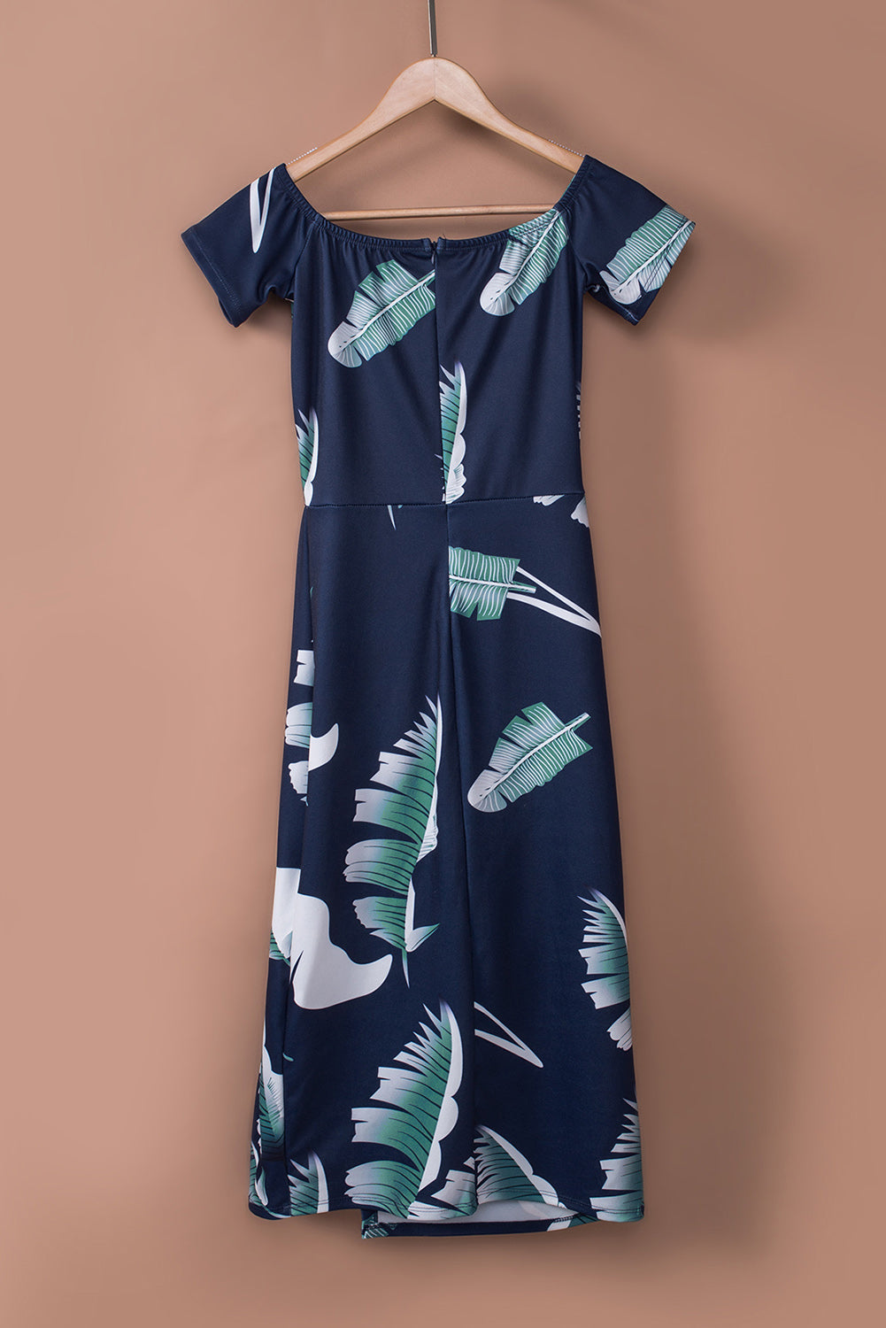 Dark Blue Floral Print Short Sleeve Off Shoulder Dress