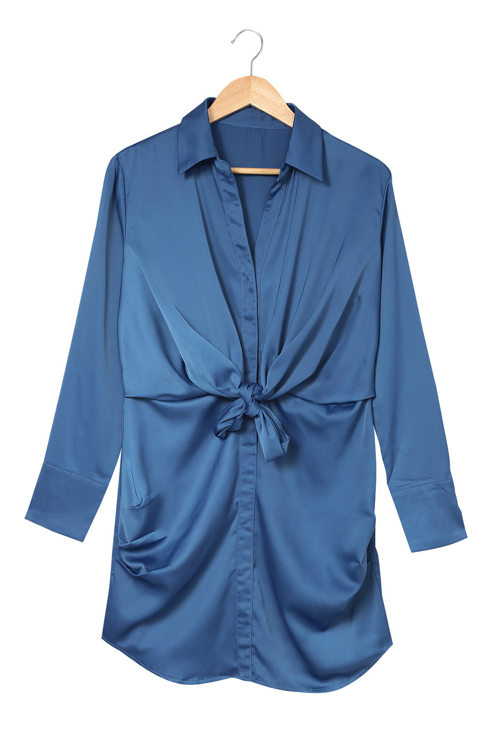 Blue Ruched Front Tie Buttoned Long Sleeve Shirt Dress