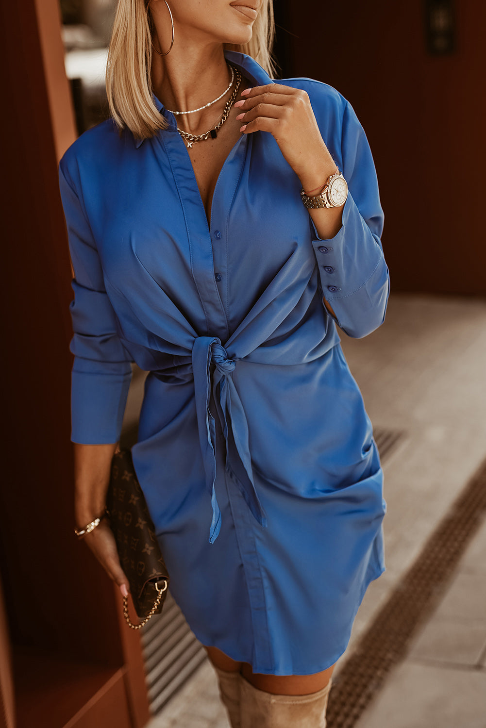 Blue Ruched Front Tie Buttoned Long Sleeve Shirt Dress