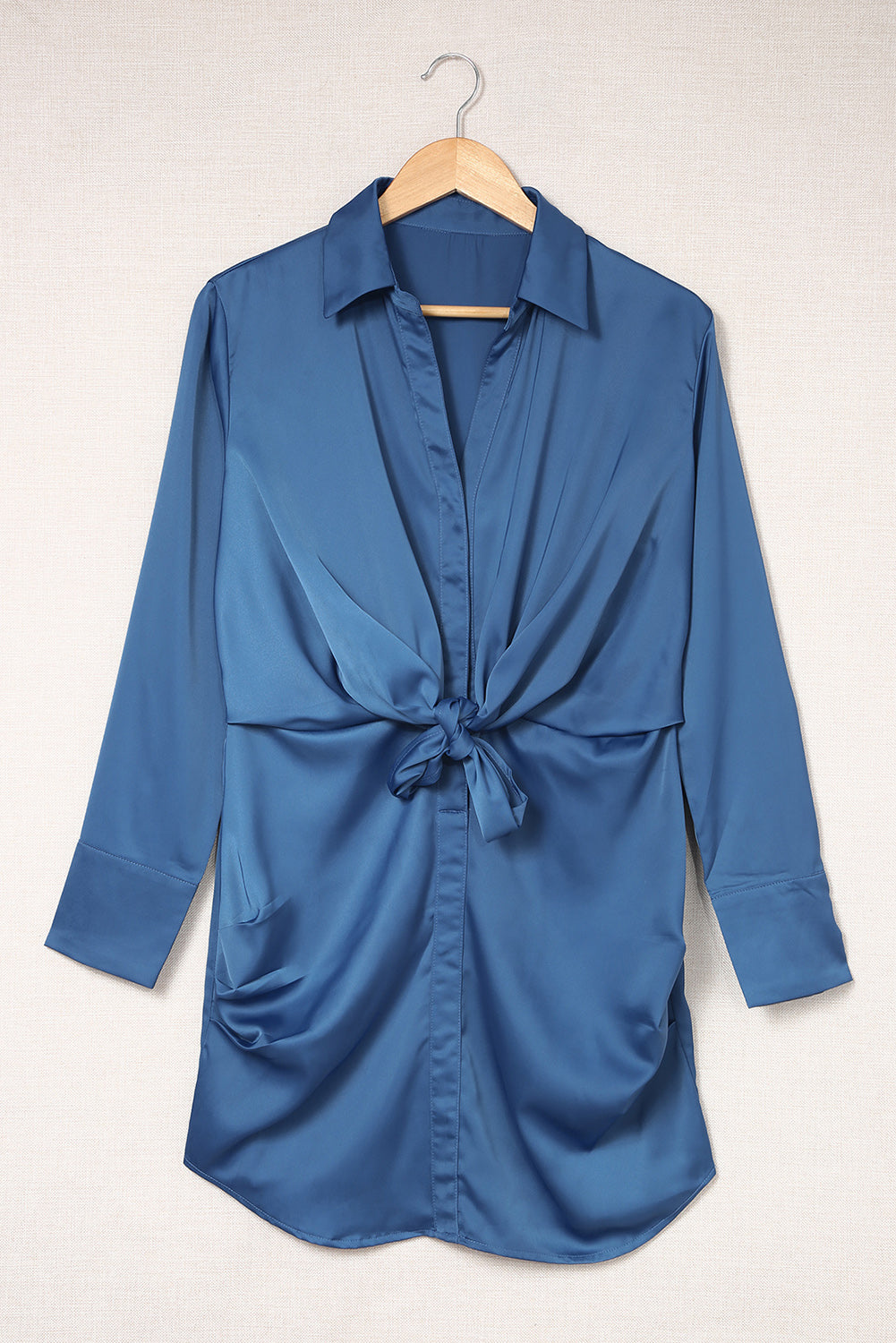 Blue Ruched Front Tie Buttoned Long Sleeve Shirt Dress