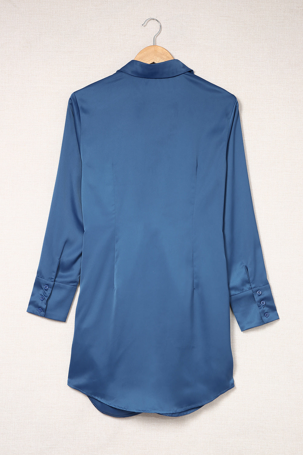 Blue Ruched Front Tie Buttoned Long Sleeve Shirt Dress