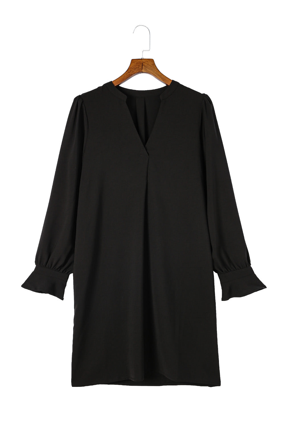 Black Split V Neck Ruffled Sleeves Shirt Dress